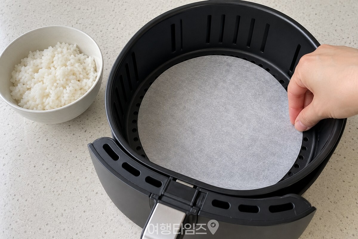 바스켓 크기에 맞춰 깐 종이호일과 데운 찬밥 / 기사 이해를 돕기 위한 생성형 이미지