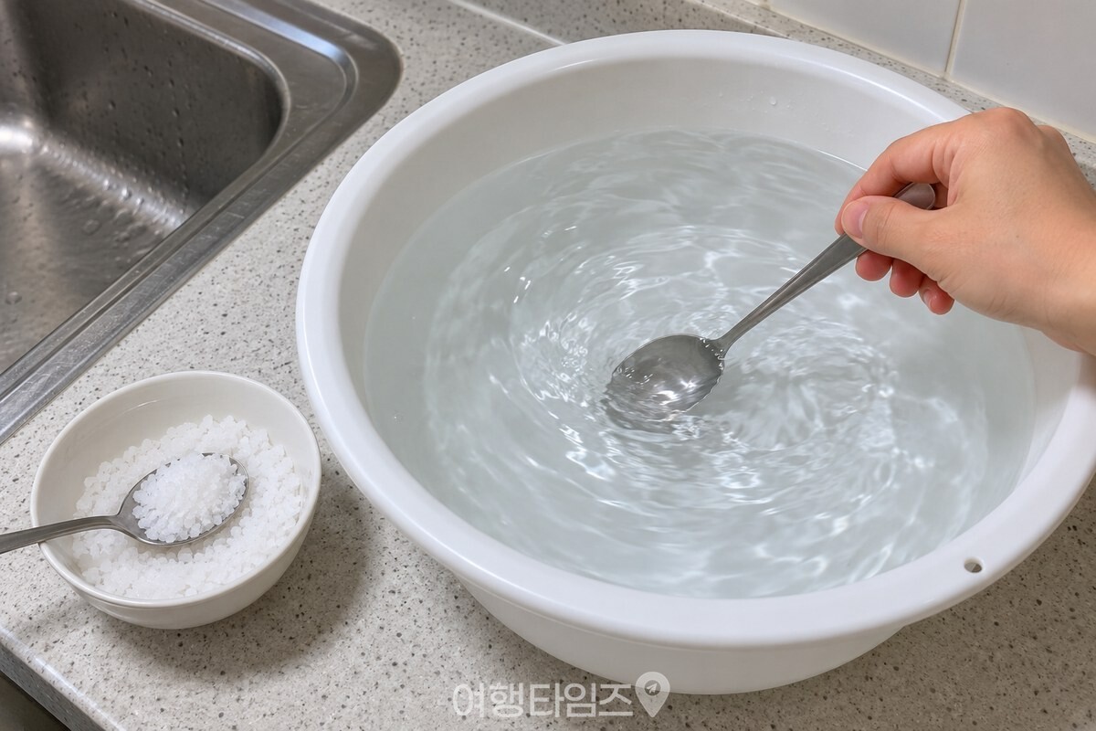 물 1리터에 소금을 녹이는 깨끗한 흰 대야 / 기사 이해를 돕기 위한 생성형 이미지