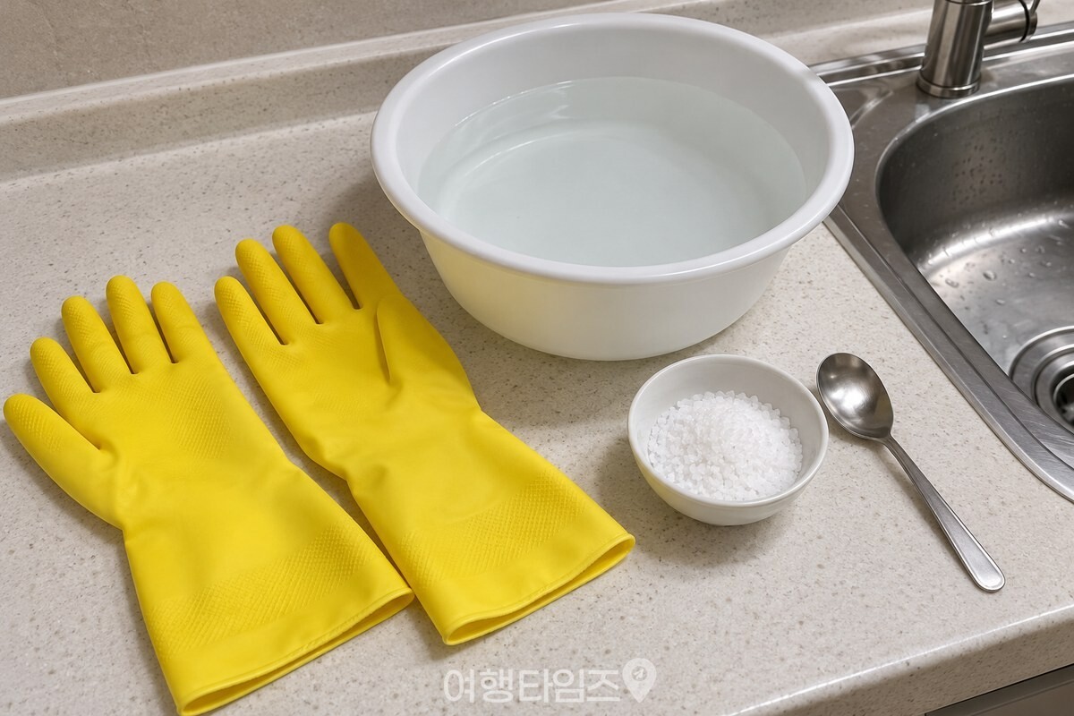 소금물 대야에 담그기 전의 노란 새 고무장갑과 소금 / 기사 이해를 돕기 위한 생성형 이미지