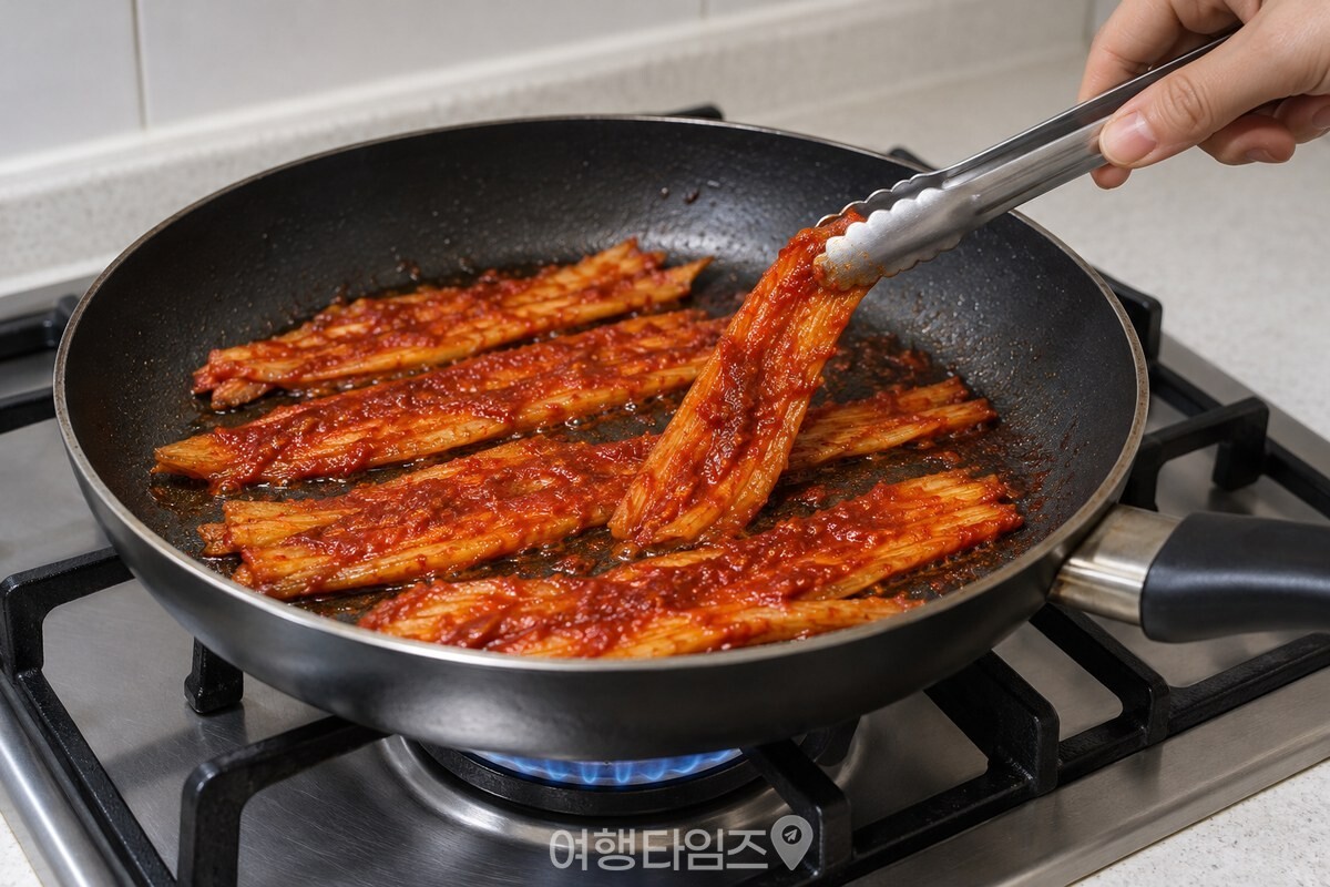 고추장 양념을 바른 더덕을 팬에서 뒤집어 굽는 모습 / 기사 이해를 돕기 위한 생성형 이미지