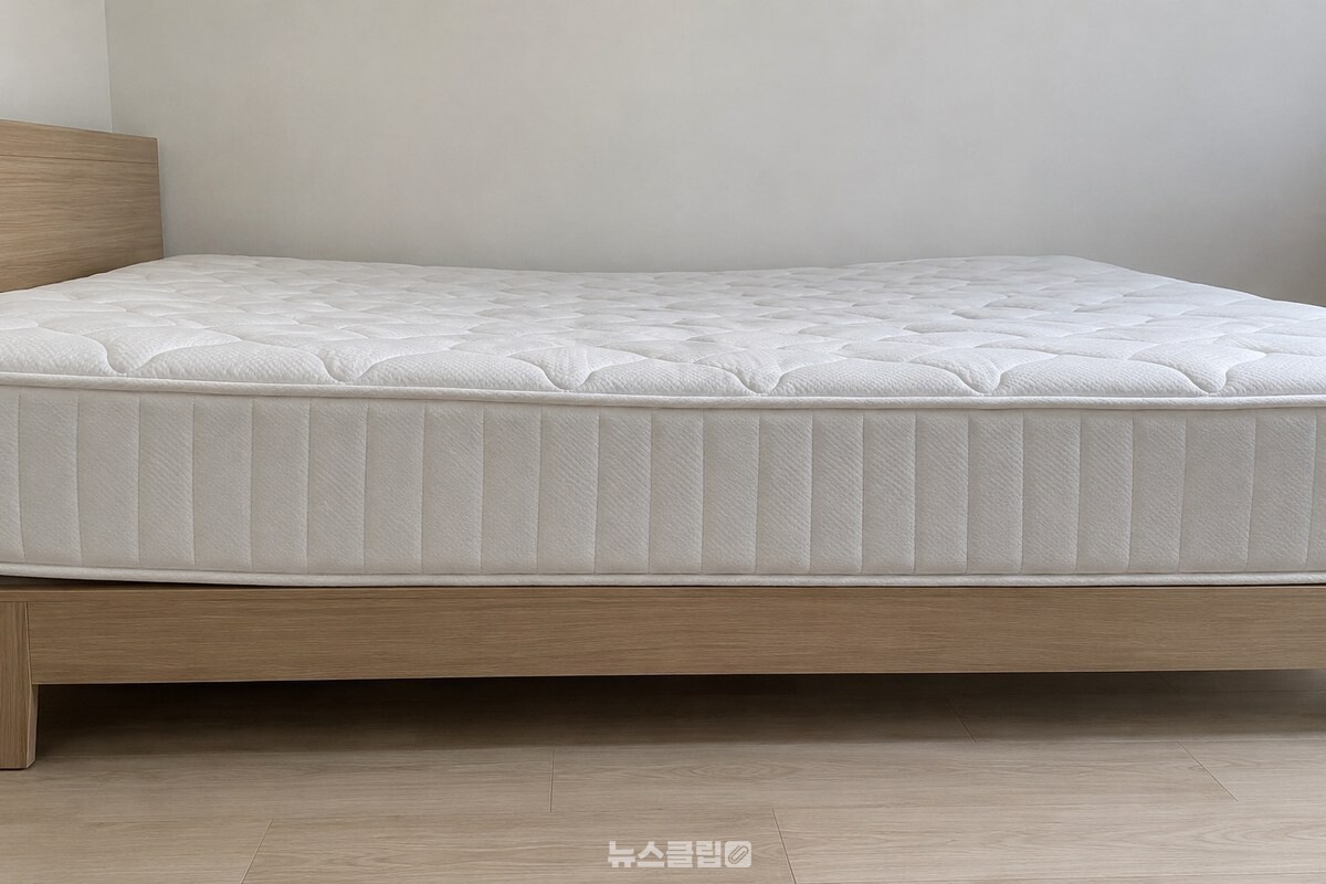 침대 옆 눈높이에서 매트리스 윗면을 살피는 모습 / 기사 이해를 돕기 위한 생성형 이미지