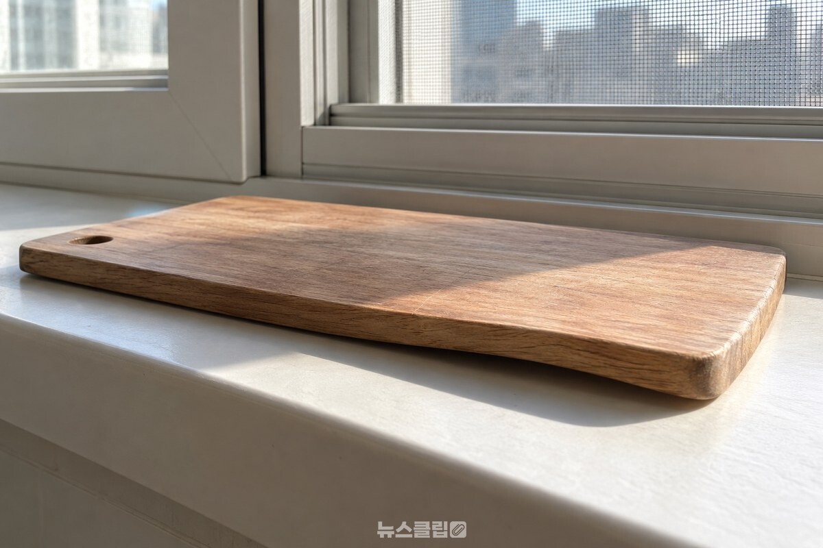 직사광선이 닿는 창가 선반 위에 놓인 살짝 휜 나무도마 / 기사 이해를 돕기 위한 생성형 이미지