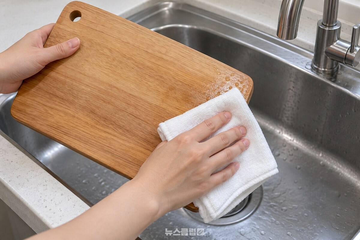 찬물로 헹군 나무도마의 앞면을 마른행주로 닦는 모습 / 기사 이해를 돕기 위한 생성형 이미지