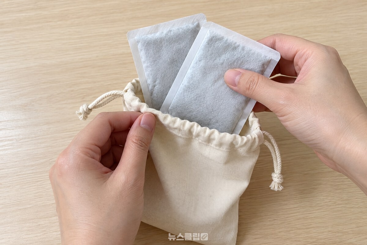 봉지를 뜯지 않고 천주머니에 담는 핫팩 / 기사 이해를 돕기 위한 생성형 이미지