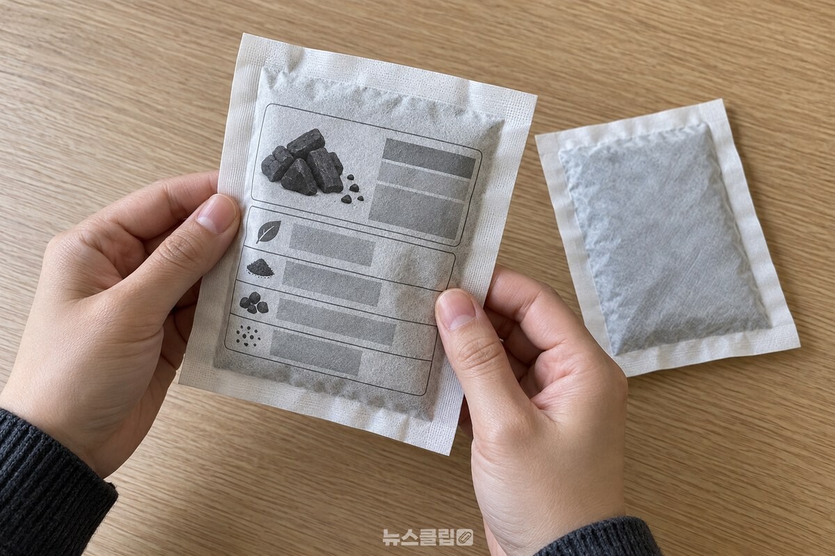 성분표의 활성탄 표시를 살피는 다 식은 핫팩 / 기사 이해를 돕기 위한 생성형 이미지