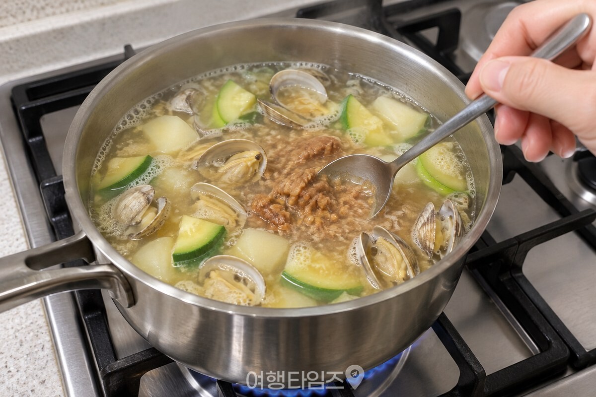 중약불에서 청국장을 풀어 끓이는 냄비 / 기사 이해를 돕기 위한 생성형 이미지