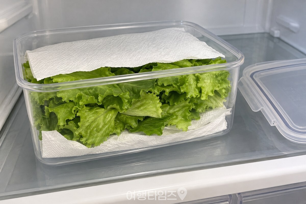 키친타월을 사이에 넣어 밀폐용기에 담은 상추 / 기사 이해를 돕기 위한 생성형 이미지