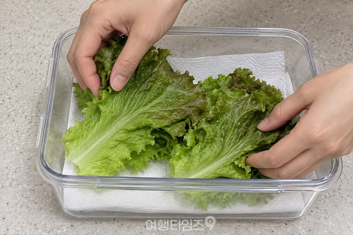 밀폐용기 바닥의 키친타월 위에 상추를 느슨하게 담는 모습 / 기사 이해를 돕기 위한 생성형 이미지