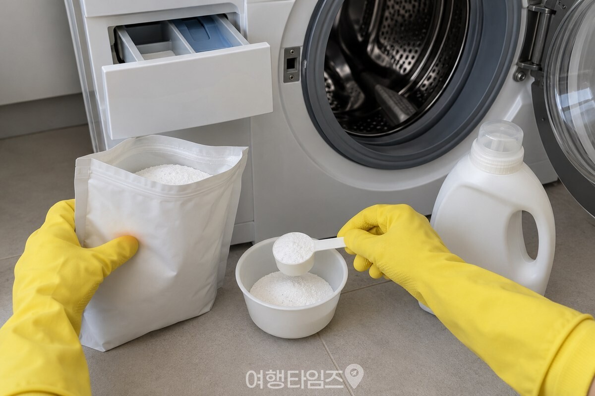 고무장갑을 낀 손으로 세탁세제 옆에 워싱소다를 덜어 놓는 모습 / 기사 이해를 돕기 위한 생성형 이미지