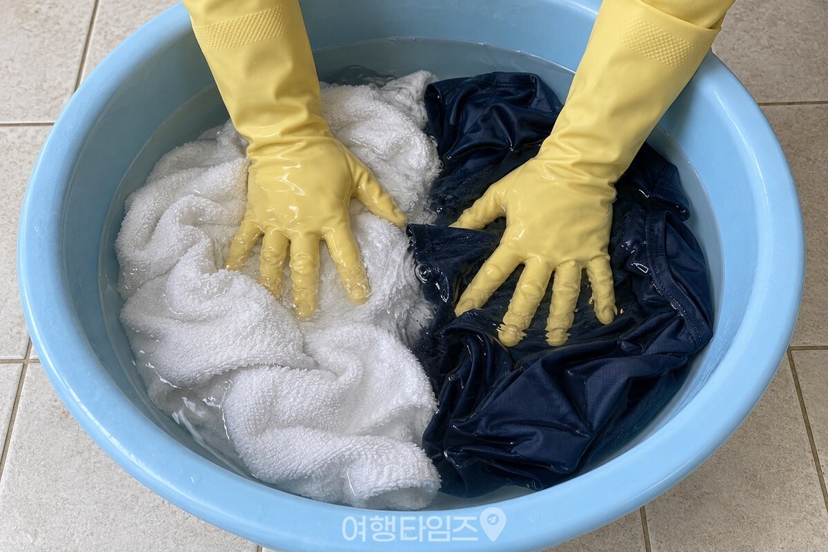 따뜻한 물이 든 대야에 수건과 운동복을 눌러 담그는 모습 / 기사 이해를 돕기 위한 생성형 이미지
