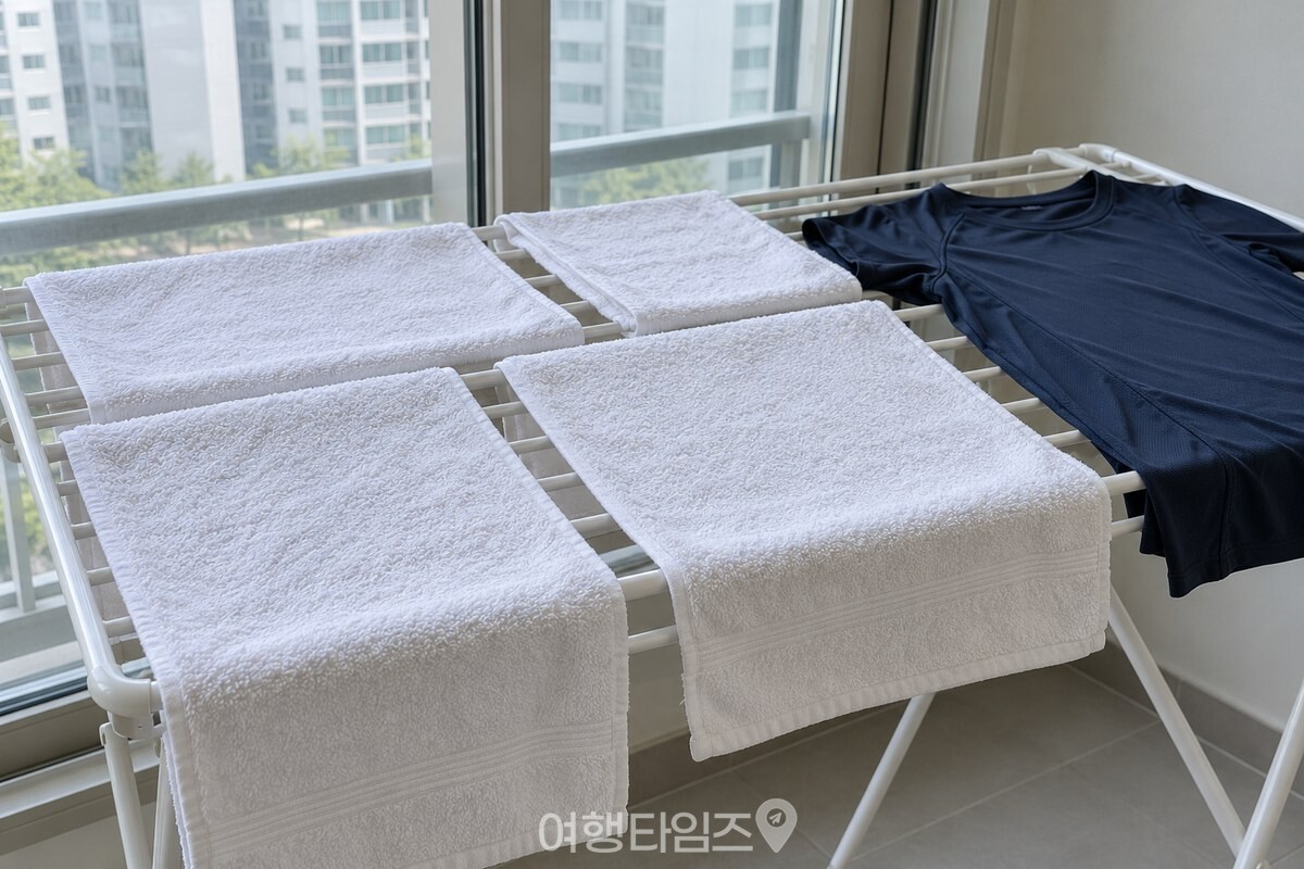 베란다 건조대 위에 널어 바람으로 말리는 흰 수건과 운동복 / 기사 이해를 돕기 위한 생성형 이미지