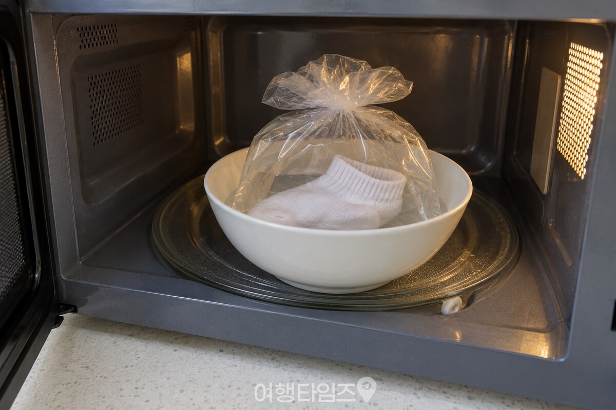 그릇에 받친 비닐봉지 속 양말을 전자레인지에 데우는 모습 / 기사 이해를 돕기 위한 생성형 이미지