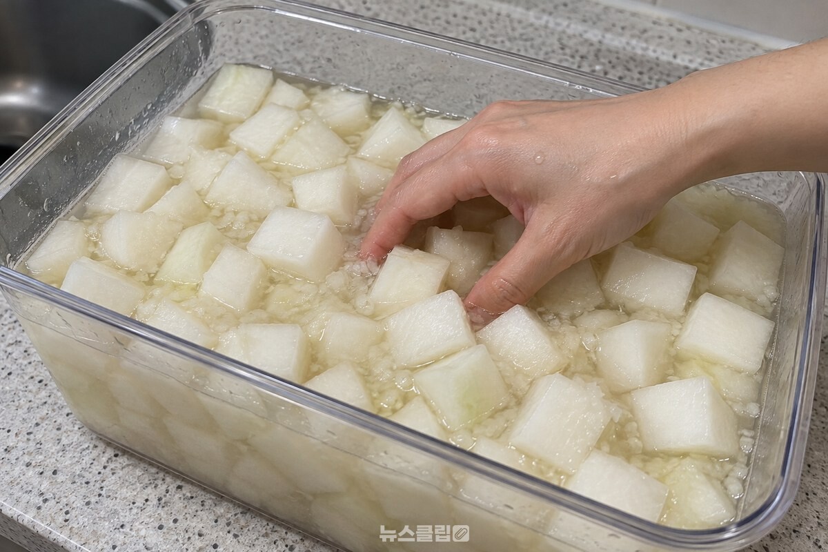 절임물에 담긴 무를 깨끗한 손으로 뒤집는 모습 / 기사 이해를 돕기 위한 생성형 이미지