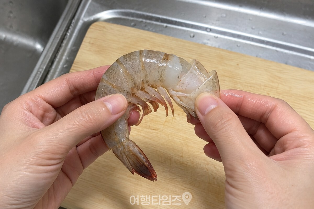 마디가 이어진 새우 껍질을 손으로 벌리는 모습 / 기사 이해를 돕기 위한 생성형 이미지