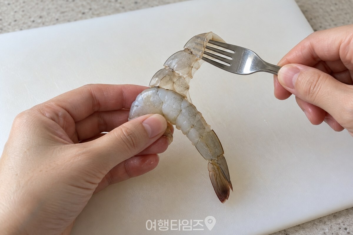 머리를 뗀 새우의 등 쪽 껍질을 포크로 들어 올리는 모습 / 기사 이해를 돕기 위한 생성형 이미지