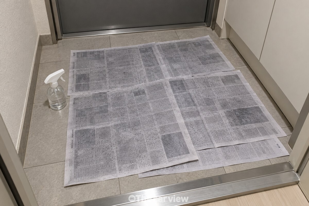 현관 타일 바닥을 덮은 물기 머금은 신문지와 분무기 / 기사 이해를 돕기 위한 생성형 이미지
