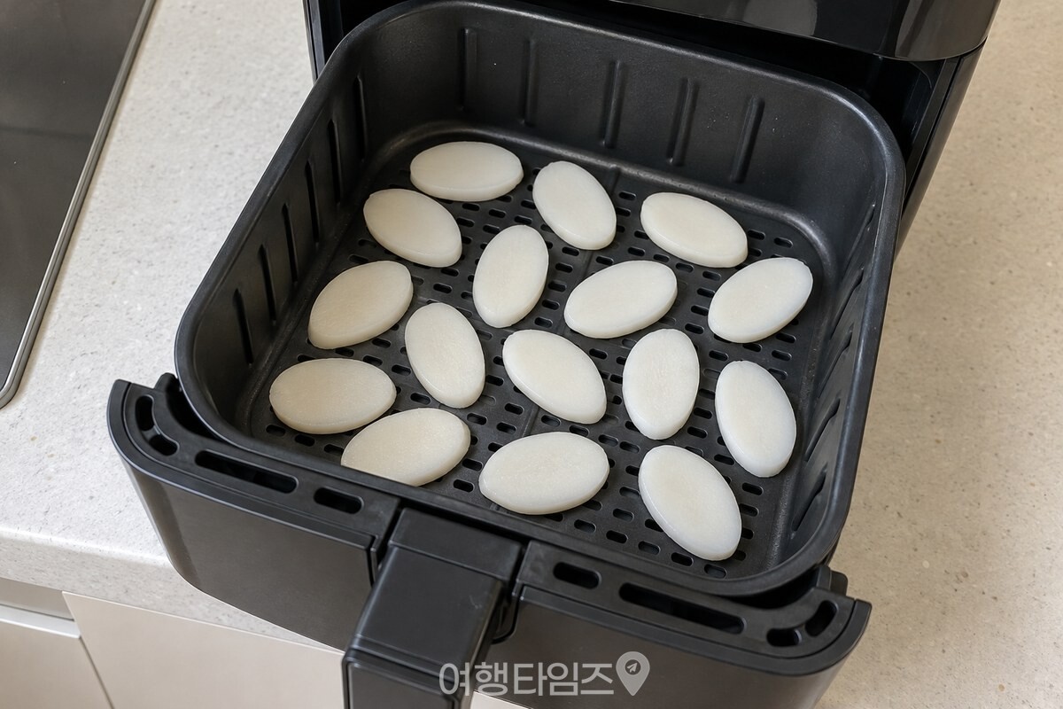 물기를 닦은 떡국떡을 한 겹으로 펼친 에어프라이어 바스켓 / 기사 이해를 돕기 위한 생성형 이미지