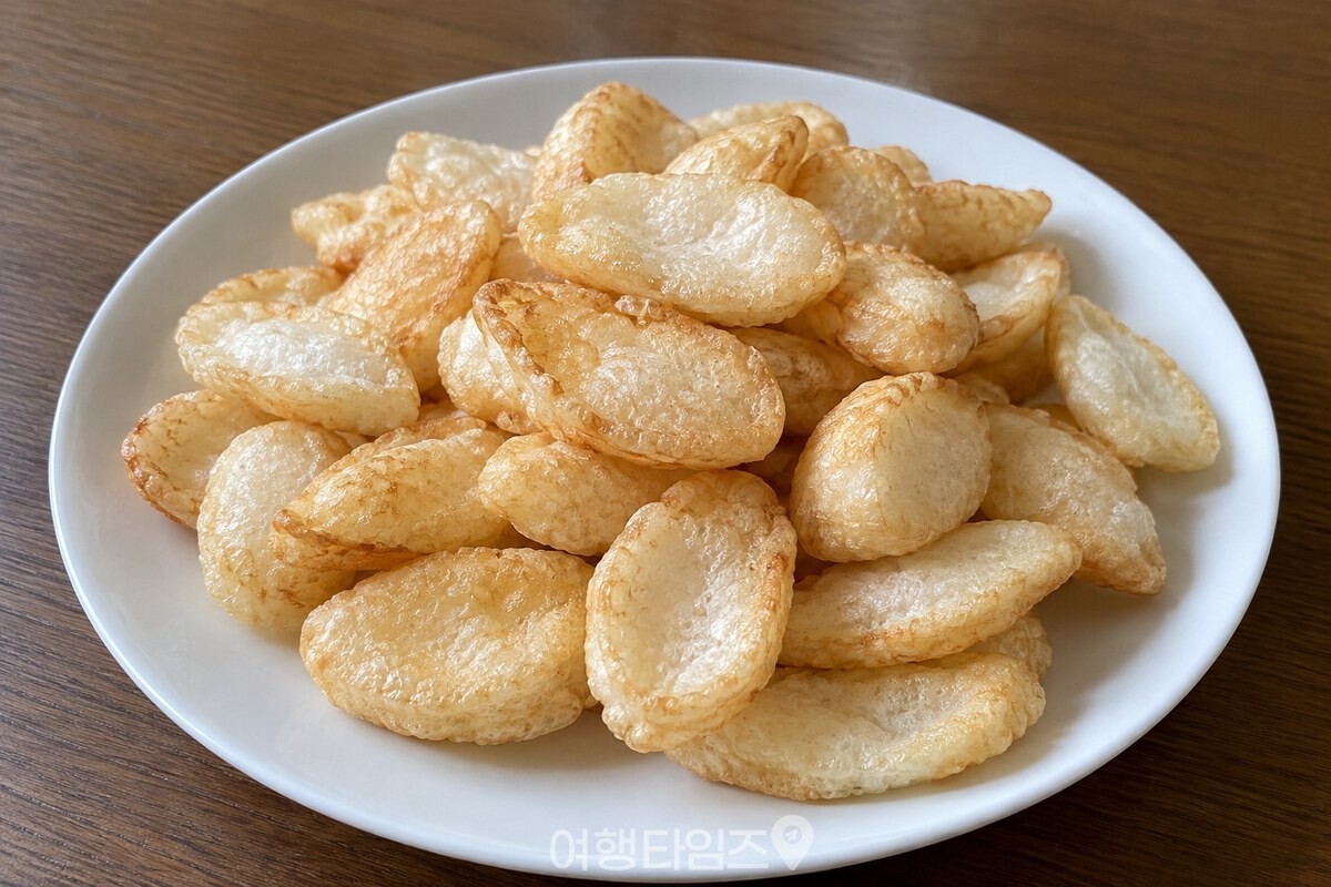노릇하게 부푼 떡국떡 떡뻥이 담긴 흰 접시 / 기사 이해를 돕기 위한 생성형 이미지
