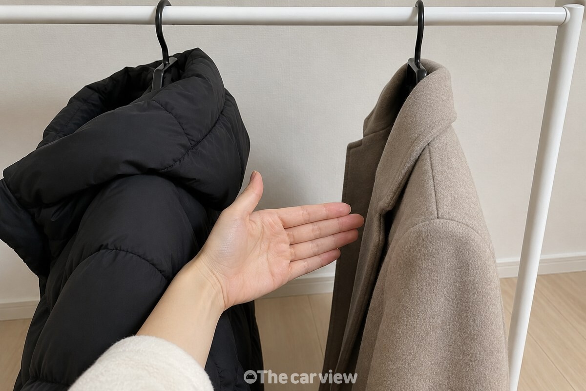 손이 들어갈 만큼 간격을 둔 옷걸이와 겨울옷 / 기사 이해를 돕기 위한 생성형 이미지