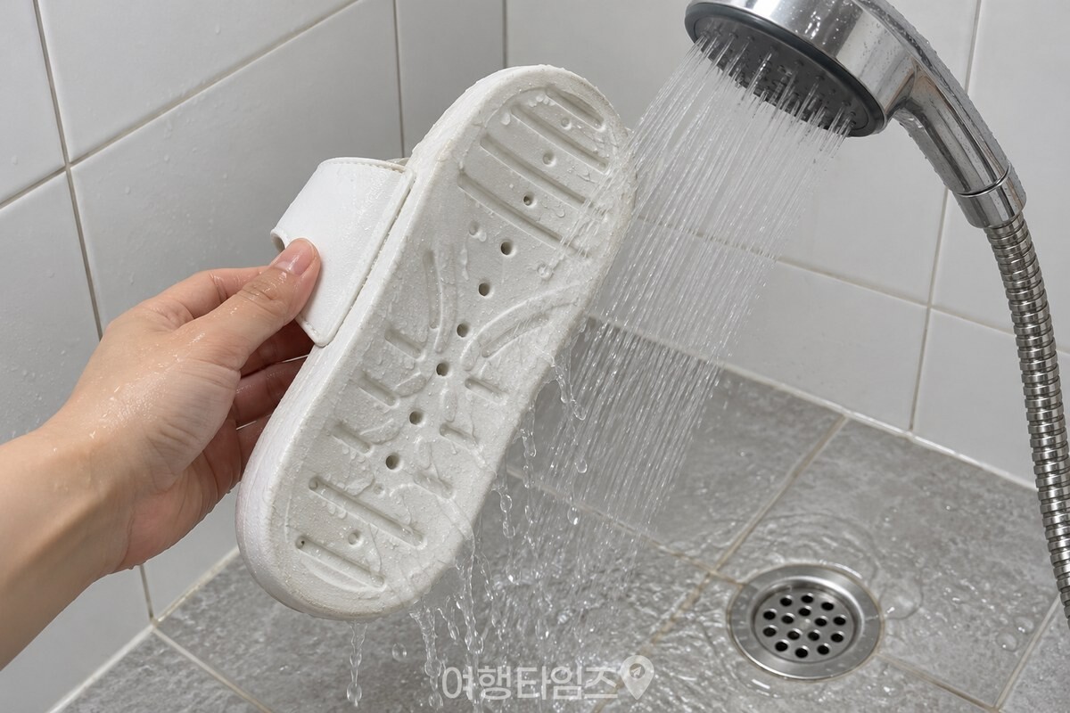 샤워기 물줄기로 밑창 홈을 헹구는 욕실화 / 기사 이해를 돕기 위한 생성형 이미지