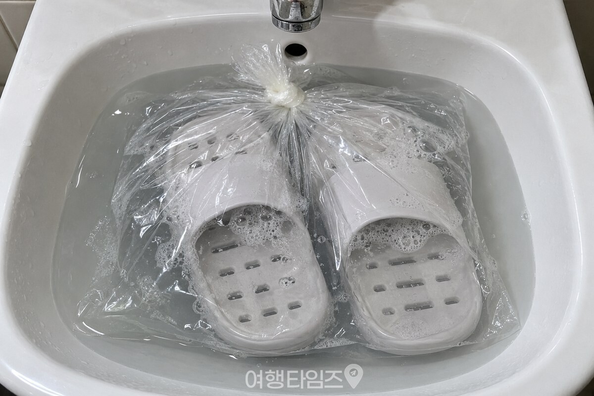 세제 푼 물에 욕실화를 담아 공기를 뺀 비닐봉지 / 기사 이해를 돕기 위한 생성형 이미지