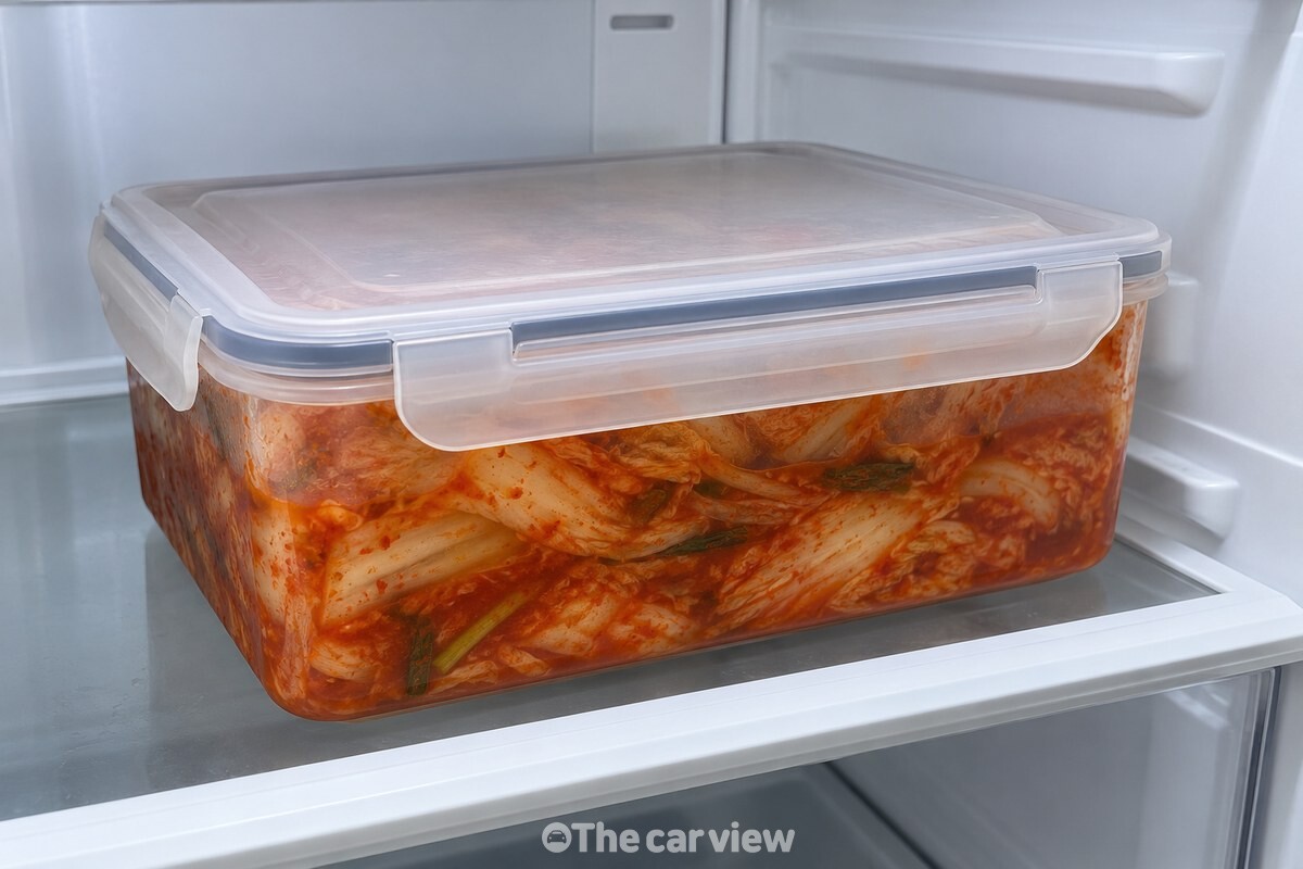 냉장실 선반에 놓인 뚜껑 닫힌 김치통 / 기사 이해를 돕기 위한 생성형 이미지