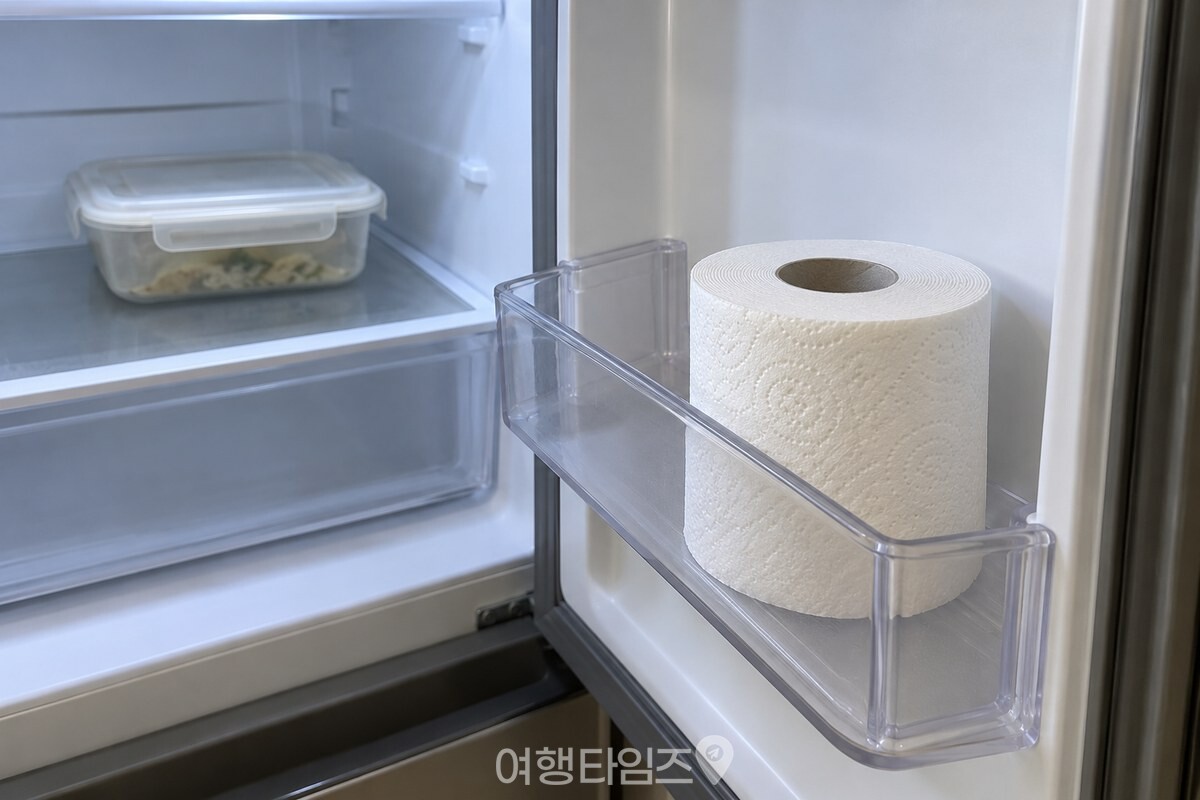 반찬통과 거리를 두고 냉장고 문칸에 세운 휴지 한 롤 / 기사 이해를 돕기 위한 생성형 이미지