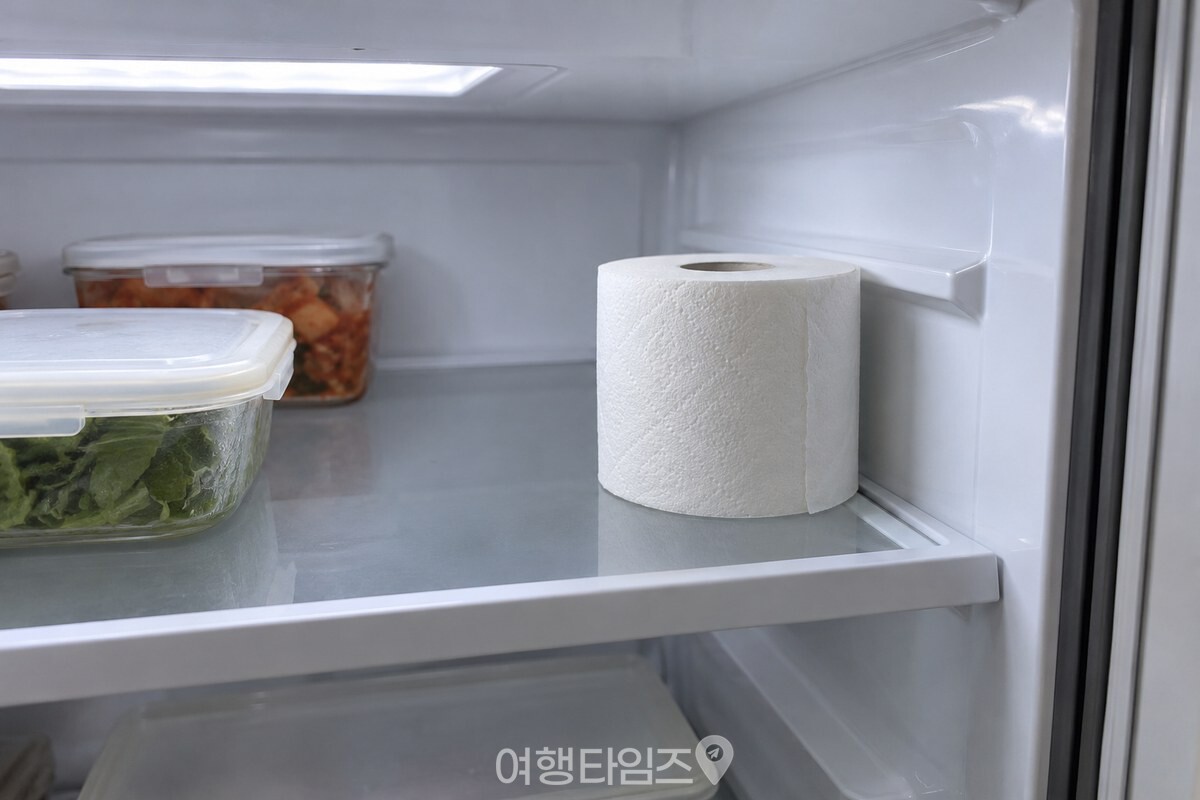 냉장고 선반 끝에 세워 둔 무향 새 두루마리 휴지 한 롤 / 기사 이해를 돕기 위한 생성형 이미지