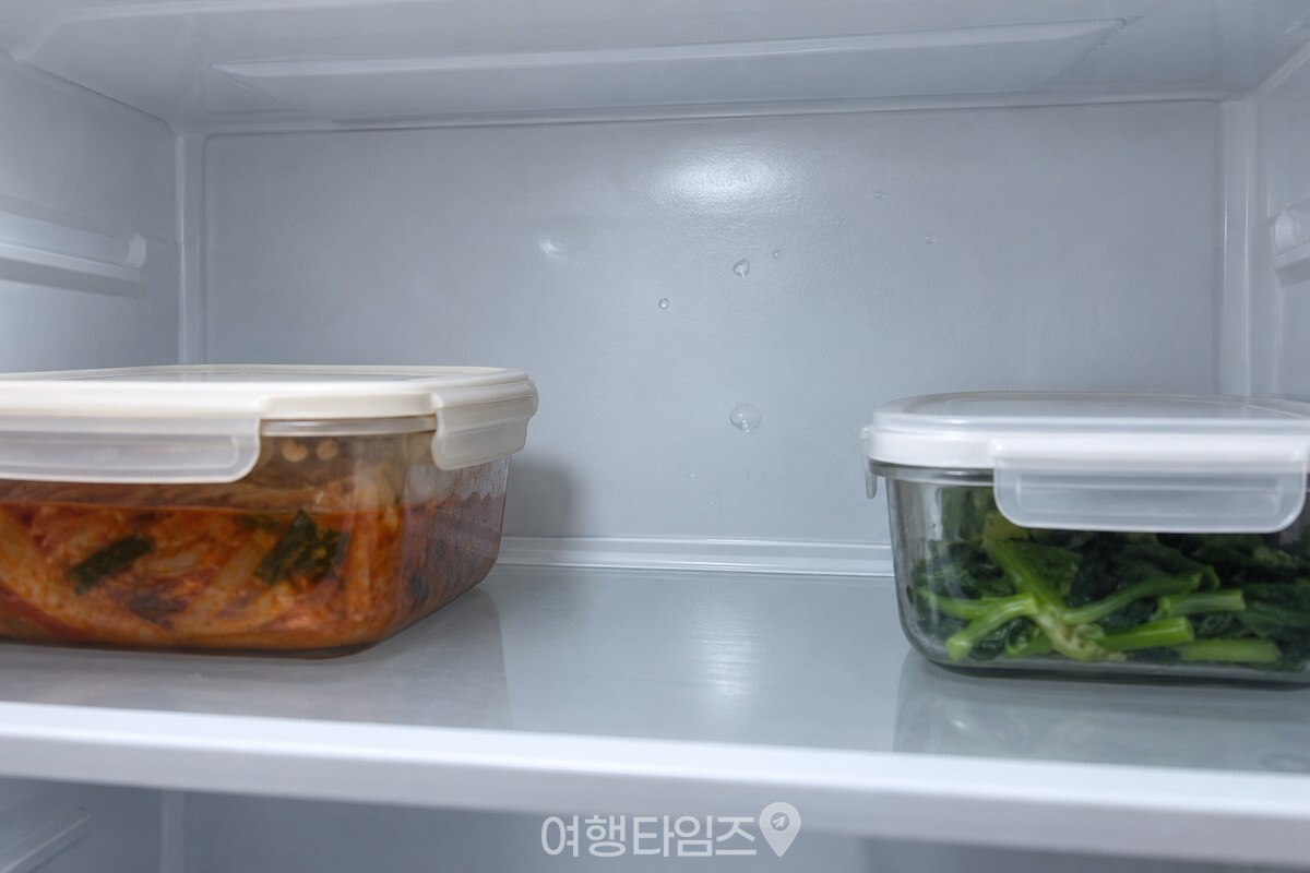 냉장고 선반 안쪽 벽에 맺힌 옅은 물기와 닫힌 반찬통 / 기사 이해를 돕기 위한 생성형 이미지