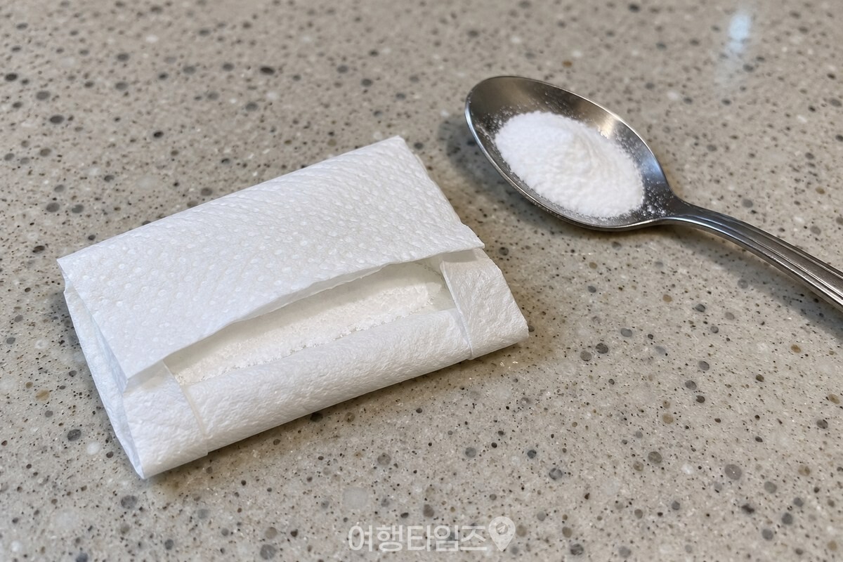 접은 휴지 안에 베이킹소다를 담아 만든 작은 주머니 / 기사 이해를 돕기 위한 생성형 이미지