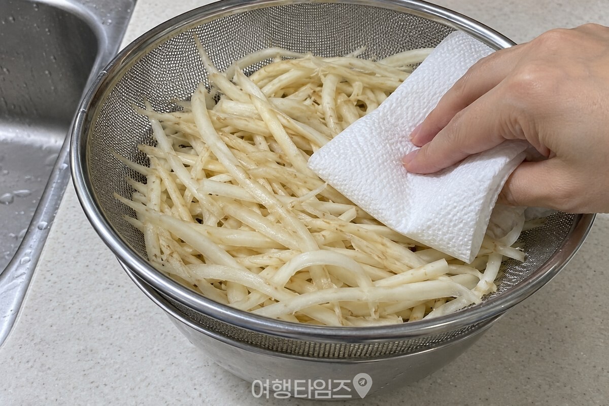 물기를 닦아 체에 밭친 도라지채 / 기사 이해를 돕기 위한 생성형 이미지