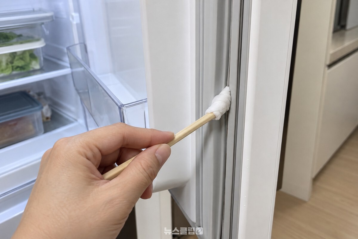 냉장고 문 가장자리 고무패킹 홈을 천으로 닦는 모습 / 기사 이해를 돕기 위한 생성형 이미지