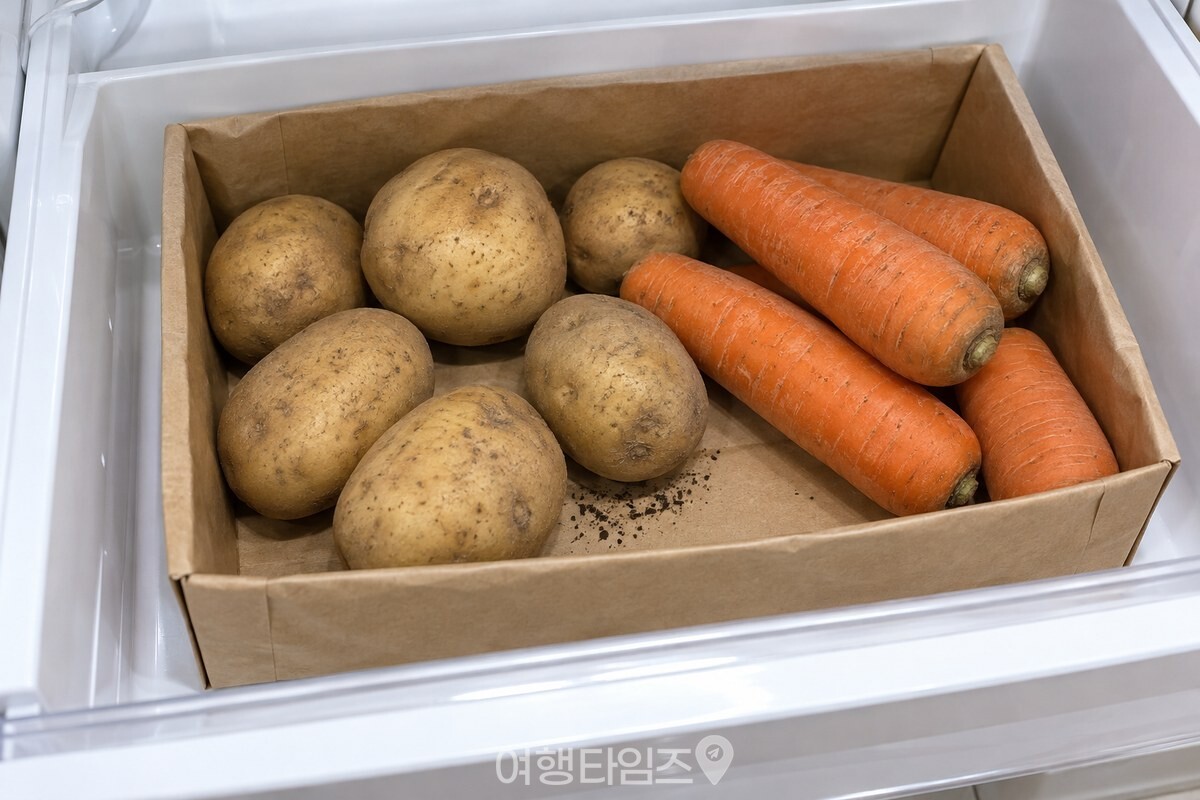 종이가방 바닥에만 소량의 흙 부스러기가 모인 채소 정리함 / 기사 이해를 돕기 위한 생성형 이미지