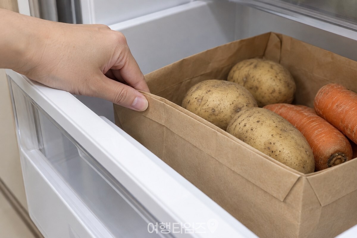채소칸 높이에 맞춰 종이가방 테두리를 낮게 접는 모습 / 기사 이해를 돕기 위한 생성형 이미지