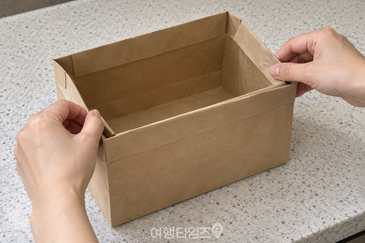 네 모서리를 안쪽으로 접어 낮은 상자로 만든 크라프트 종이가방 / 기사 이해를 돕기 위한 생성형 이미지
