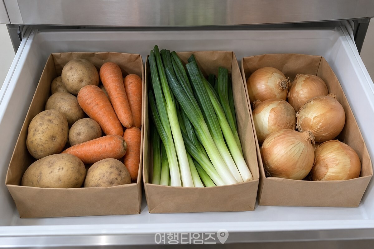 종이가방 정리함에 종류별 채소를 나눠 담은 냉장고 채소칸 / 기사 이해를 돕기 위한 생성형 이미지