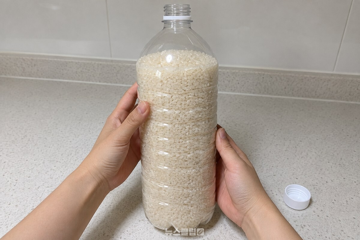 마른 생수 페트병에 담긴 쌀알을 살펴보는 손 / 기사 이해를 돕기 위한 생성형 이미지