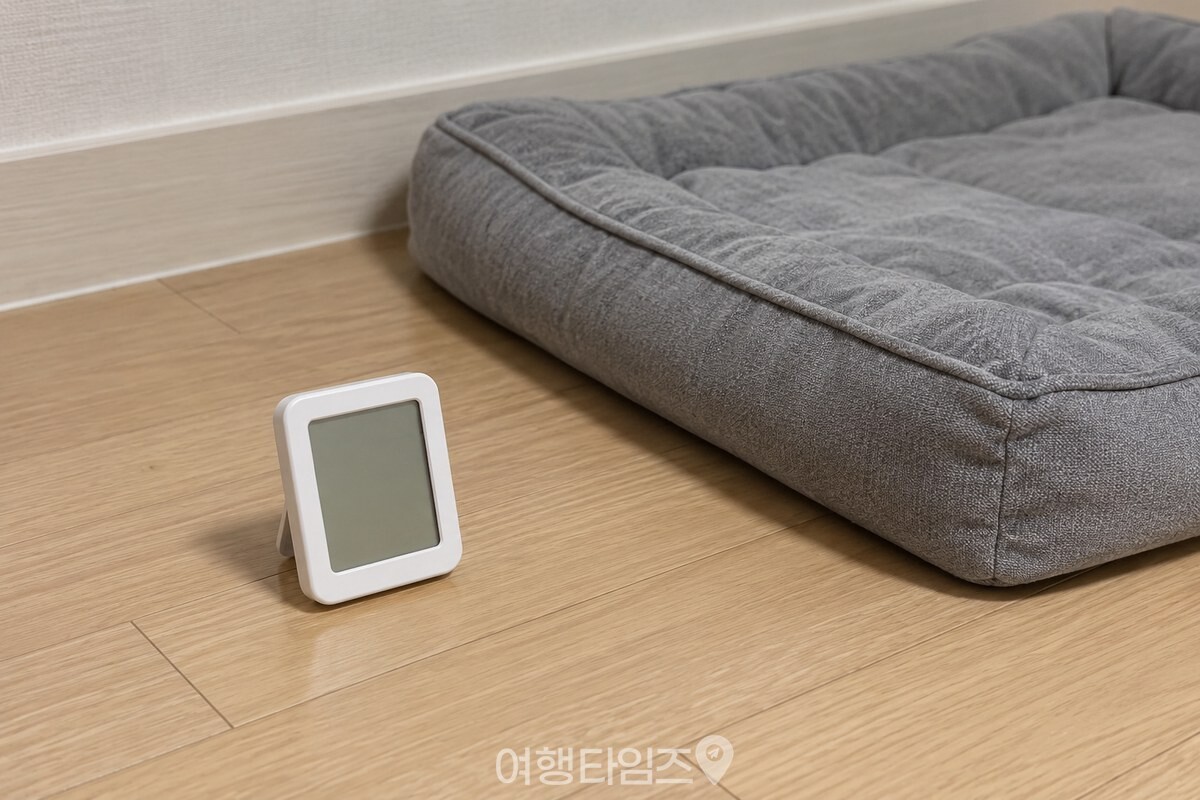 강아지 휴식 공간 가까이에 둔 실내 온도계 / 기사 이해를 돕기 위한 생성형 이미지