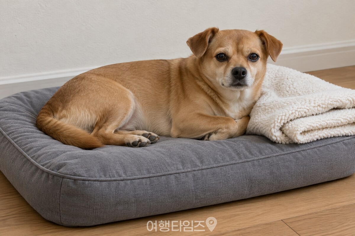 담요를 깐 방석에서 편하게 쉬는 강아지 / 기사 이해를 돕기 위한 생성형 이미지