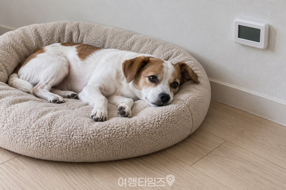따뜻한 거실 방석 위에 누운 소형견 / 기사 이해를 돕기 위한 생성형 이미지