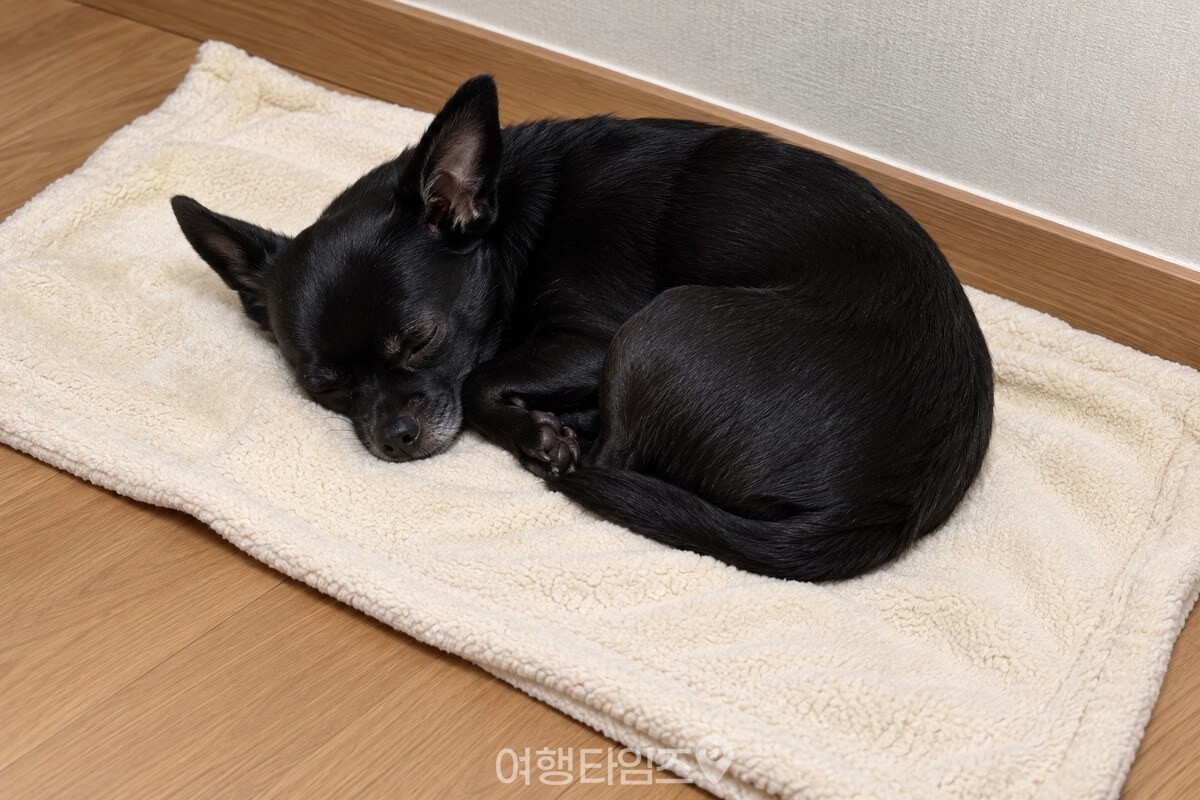 담요 위에서 몸을 말고 쉬는 소형견 / 기사 이해를 돕기 위한 생성형 이미지