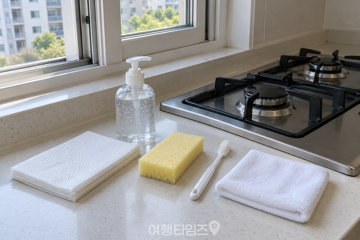 불을 끄고 환기한 주방에서 준비한 청소 도구 / 기사 이해를 돕기 위한 생성형 이미지