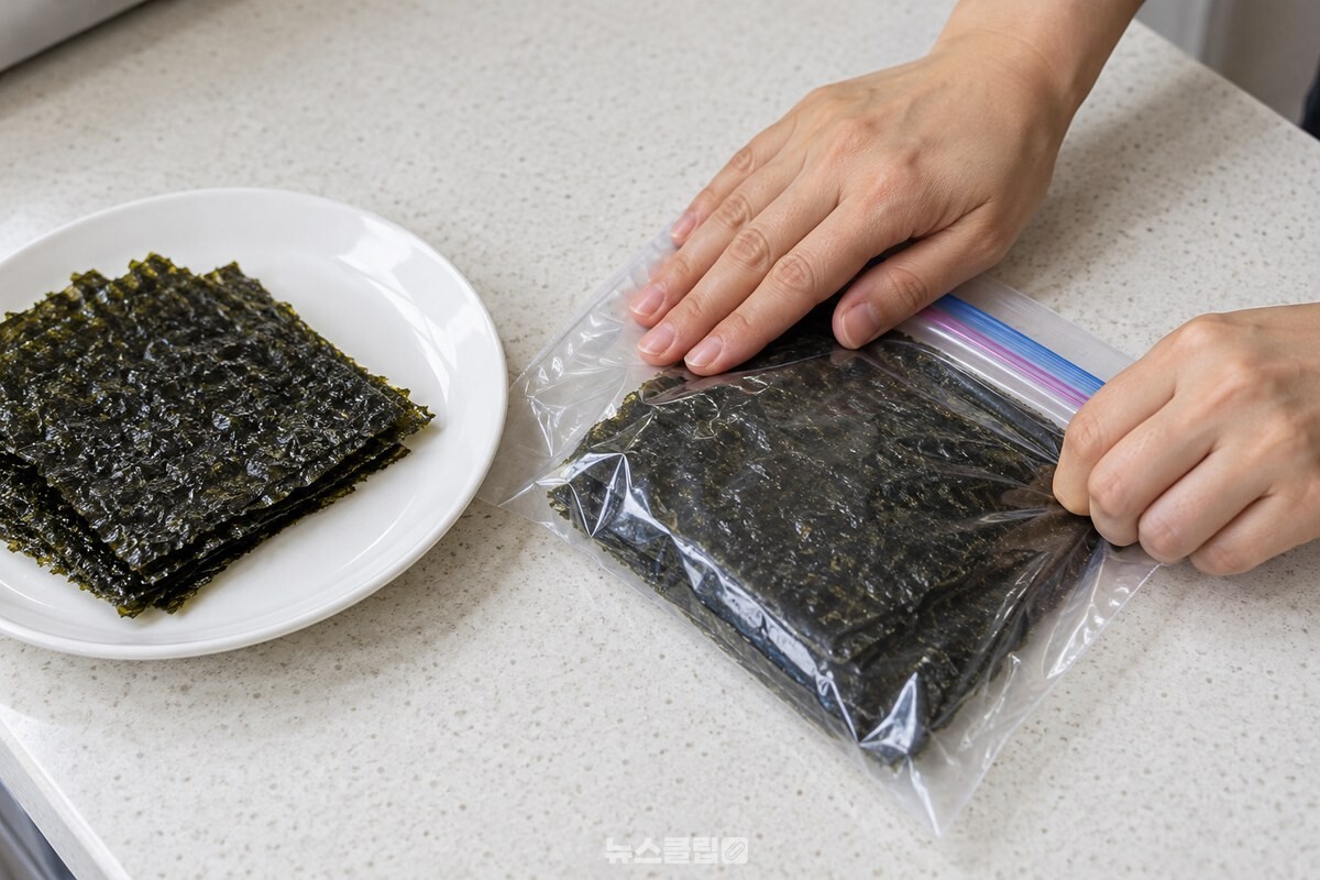 식힌 김을 지퍼백에 담아 공기를 뺀 모습 / 기사 이해를 돕기 위한 생성형 이미지