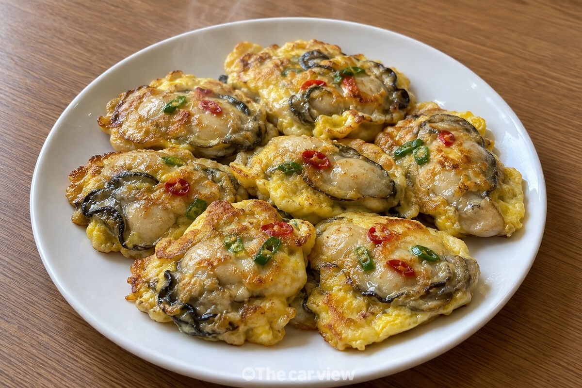 노릇하게 부친 굴전이 담긴 흰 접시 / 기사 이해를 돕기 위한 생성형 이미지