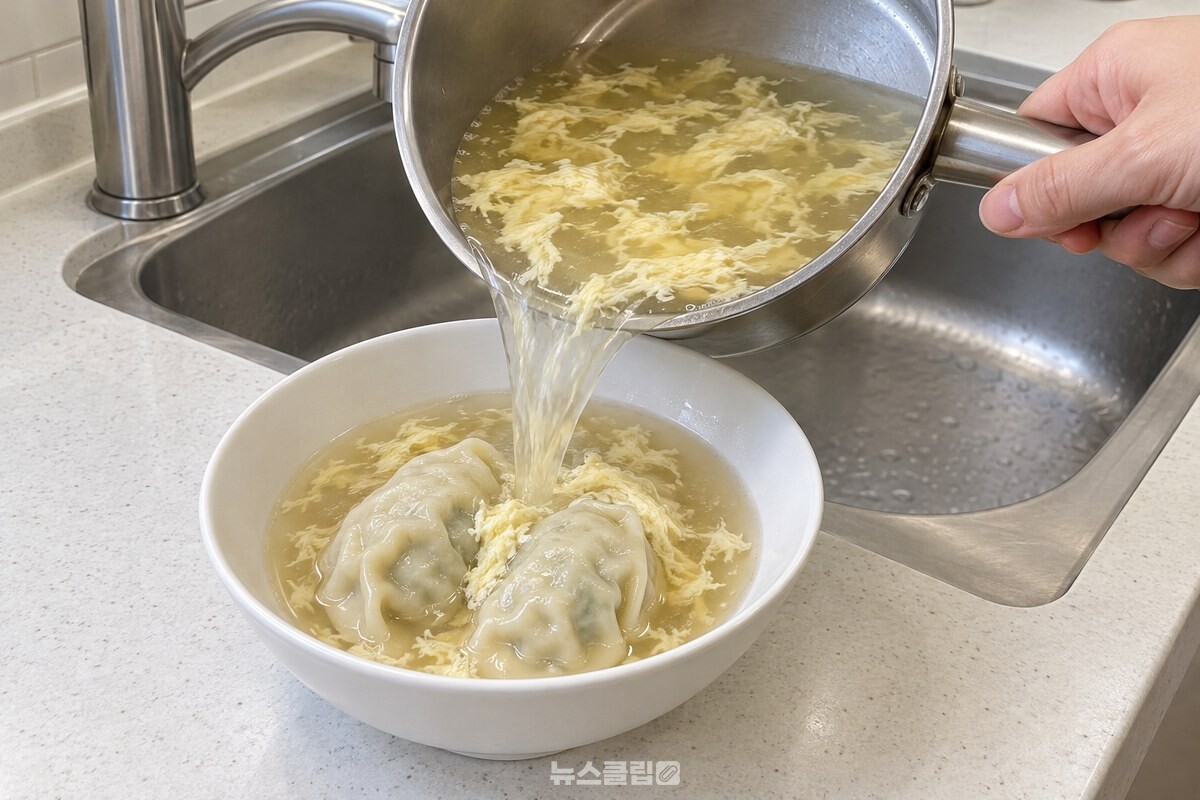 무즙을 섞은 맑은 국물과 찐만두가 담긴 그릇 / 기사 이해를 돕기 위한 생성형 이미지