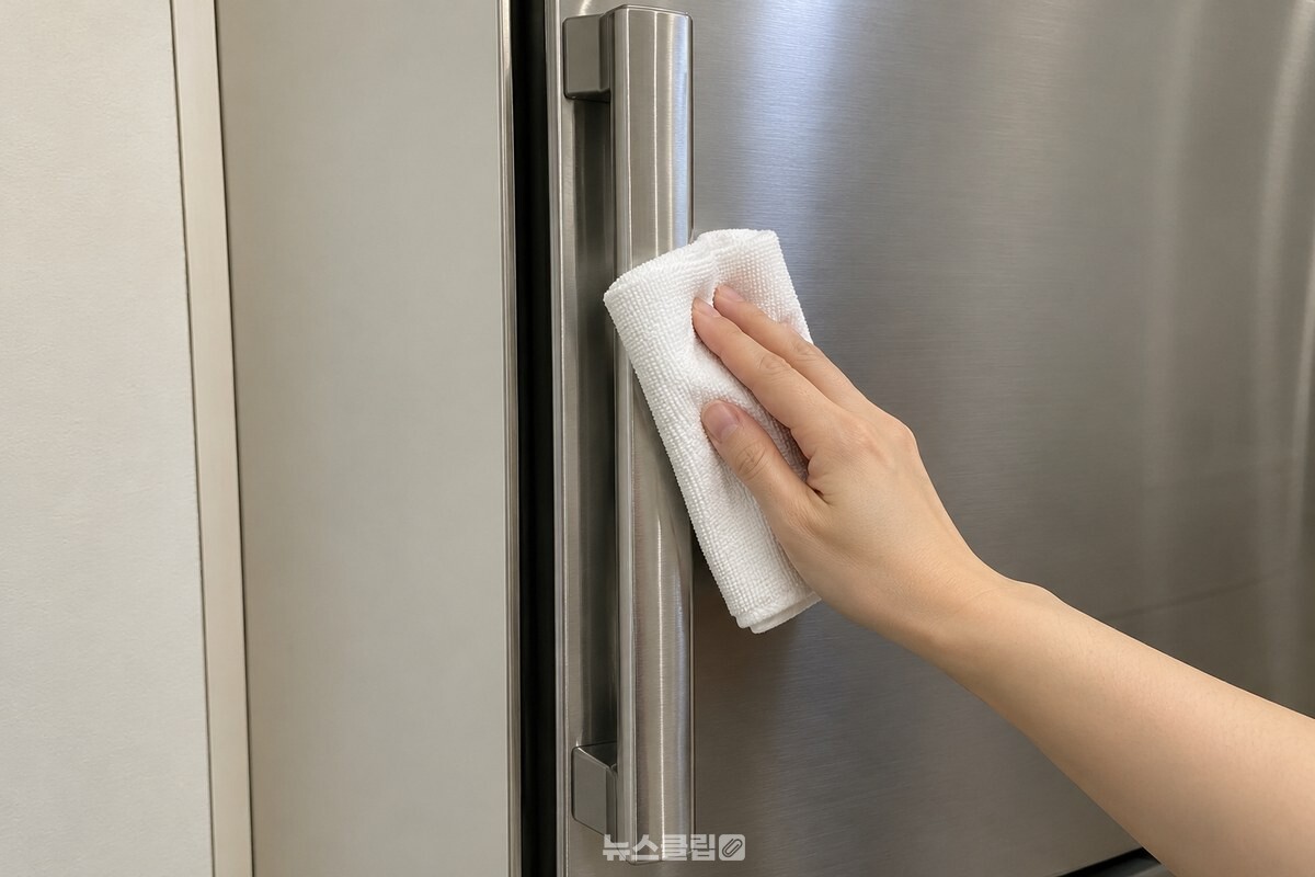 스테인리스 결을 따라 마른 수건으로 닦는 냉장고 손잡이 / 기사 이해를 돕기 위한 생성형 이미지