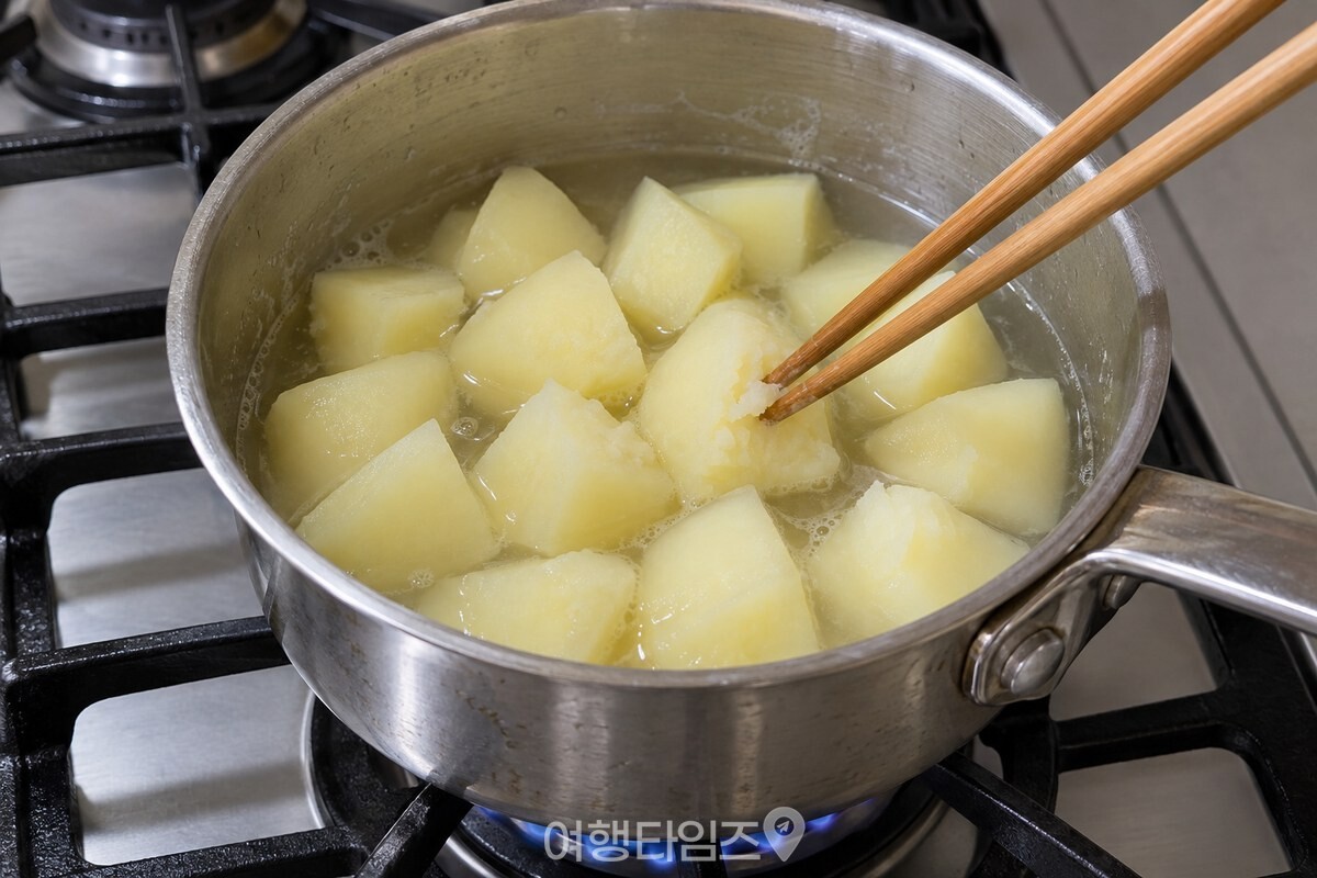 젓가락이 부드럽게 들어가는 익힌 감자 조각 / 기사 이해를 돕기 위한 생성형 이미지