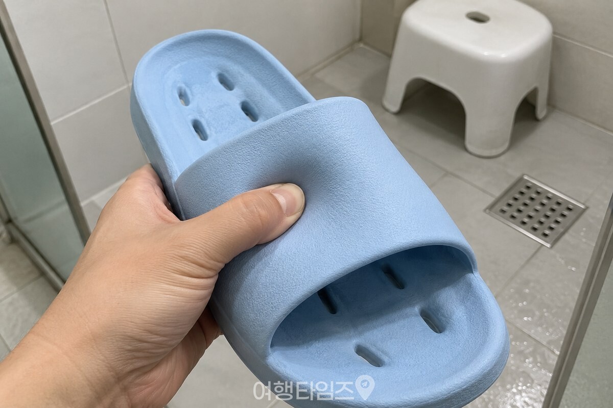 가벼운 발포 욕실화를 손으로 눌러 말랑한 재질을 확인하는 모습 / 기사 이해를 돕기 위한 생성형 이미지