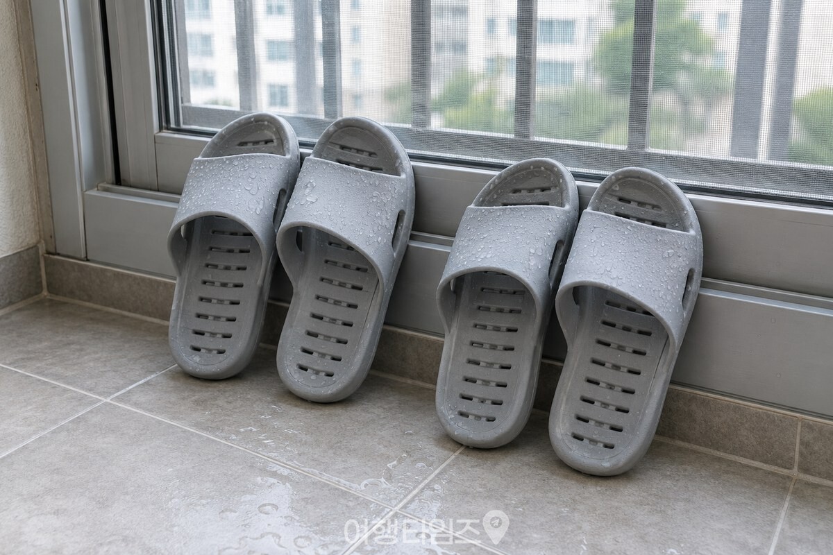 그늘진 베란다 바닥에 세워 물기를 말리는 욕실화 두 켤레 / 기사 이해를 돕기 위한 생성형 이미지