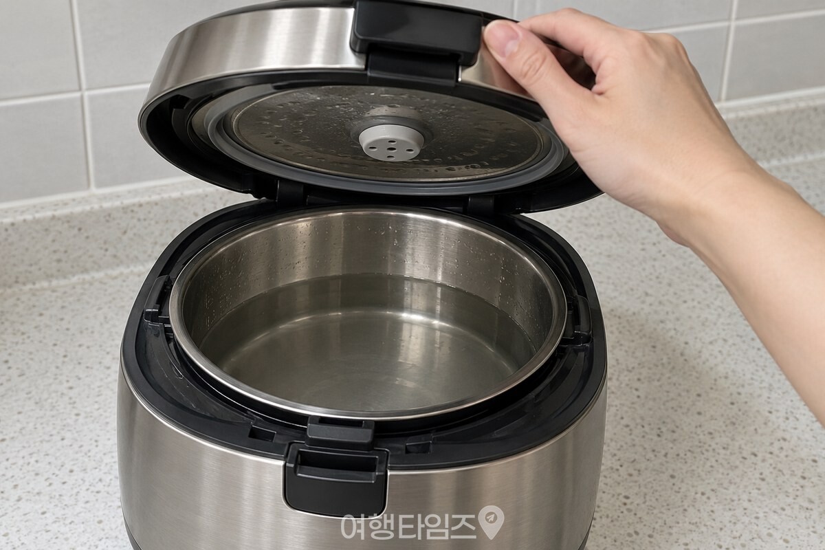 물을 담은 내솥을 넣고 뚜껑을 닫는 모습 / 기사 이해를 돕기 위한 생성형 이미지